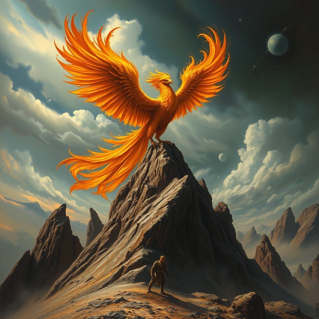Majestic Phoenix on Mountain Peak Amidst Stormy Skies