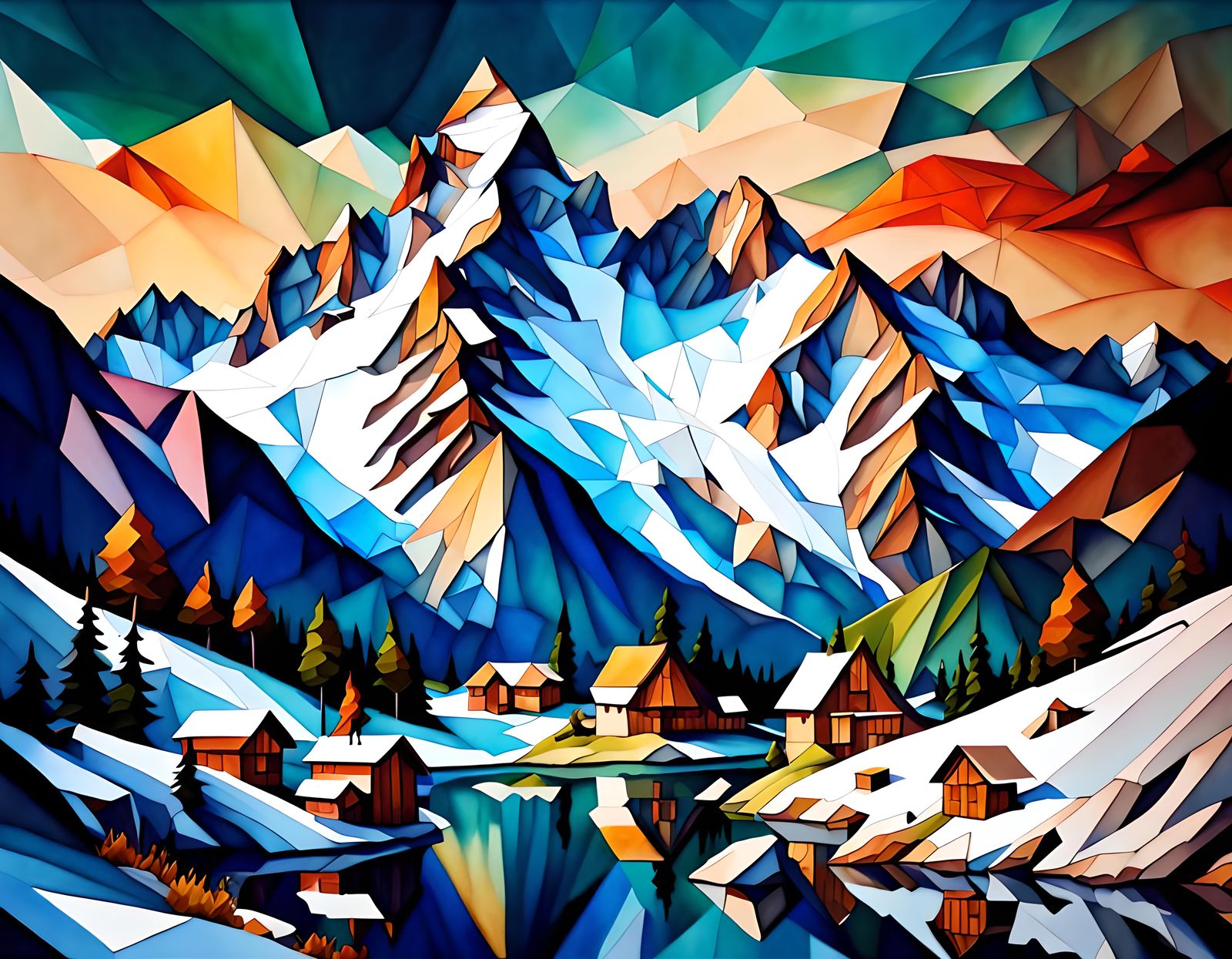 A beautiful low poly fantastical Swiss Alps scene