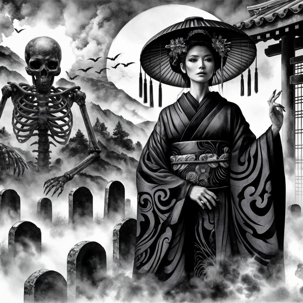 Japanese Necromancer in Fog, Ink Wash Realism