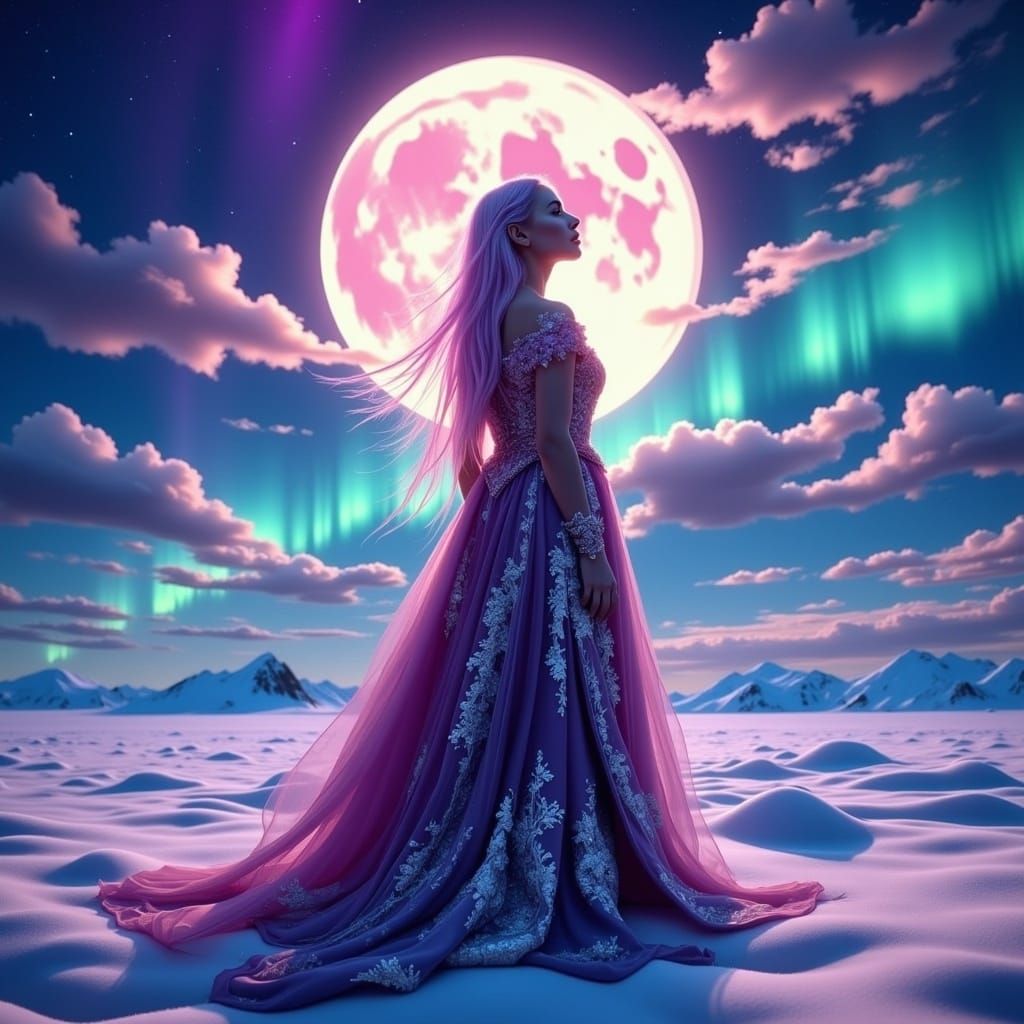 Woman in Pink Gown Under Northern Lights
