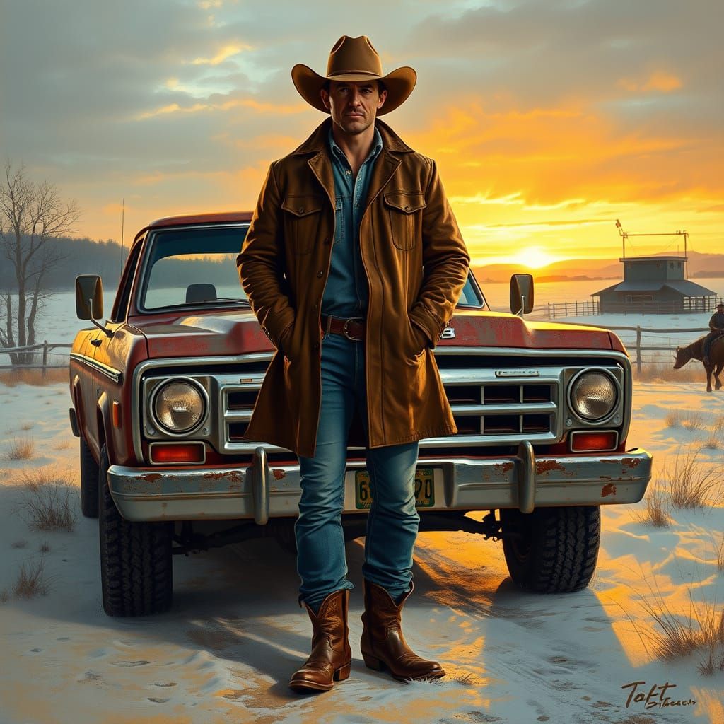 Confident Cowboy Standing Before Vintage Pickup Truck in Sun...