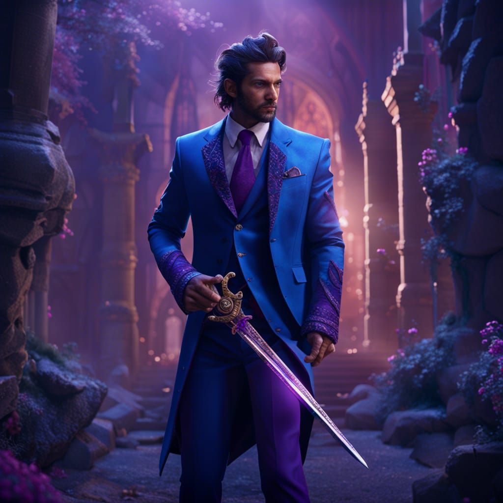Man in Blue Suit with Purple Sword