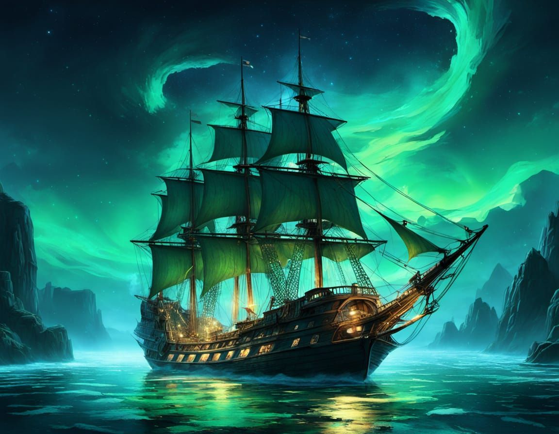 Transparent Glass Sailing Ship on Bioluminescent Waves