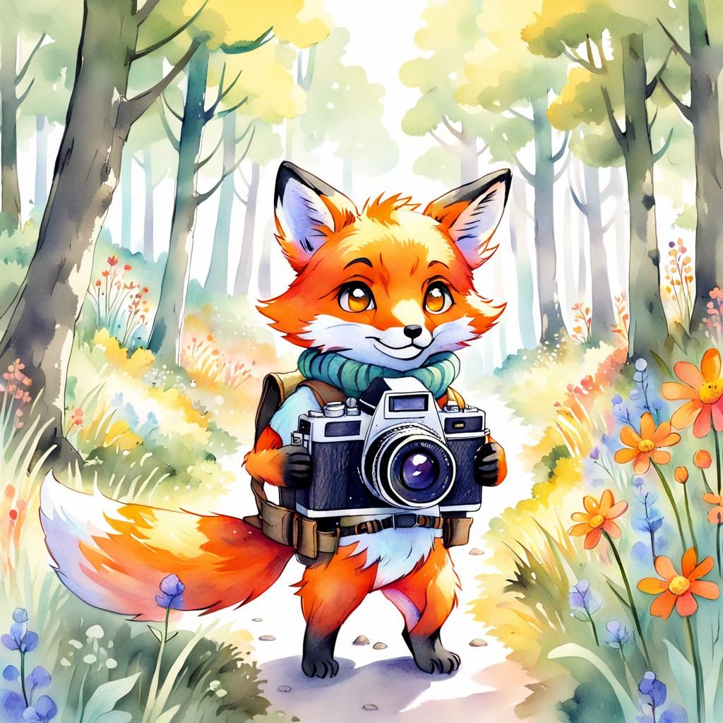 Fox Tourist in Sunny Forest, Watercolor Anime Style