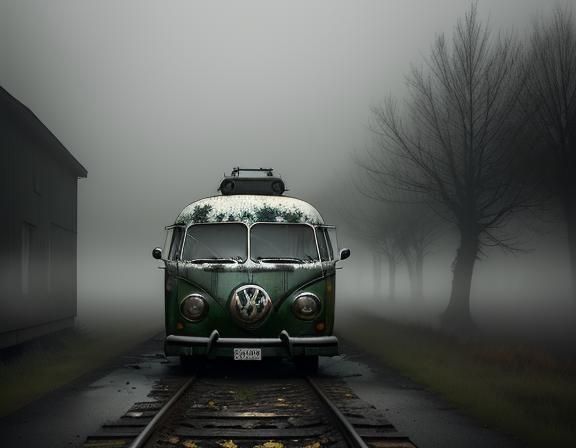 Haunting Figure with Fish on Foggy Road