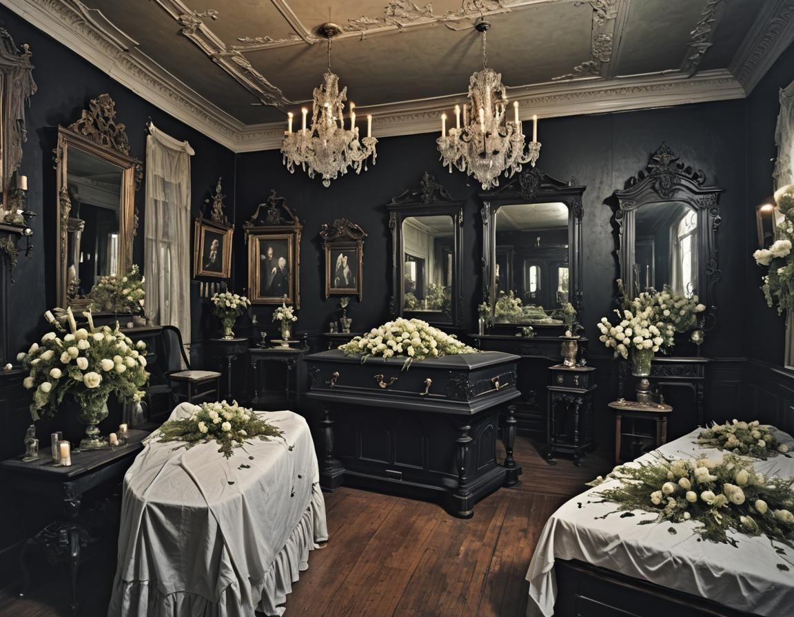 Eerie Gothic Victorian Funeral Parlor with Casket