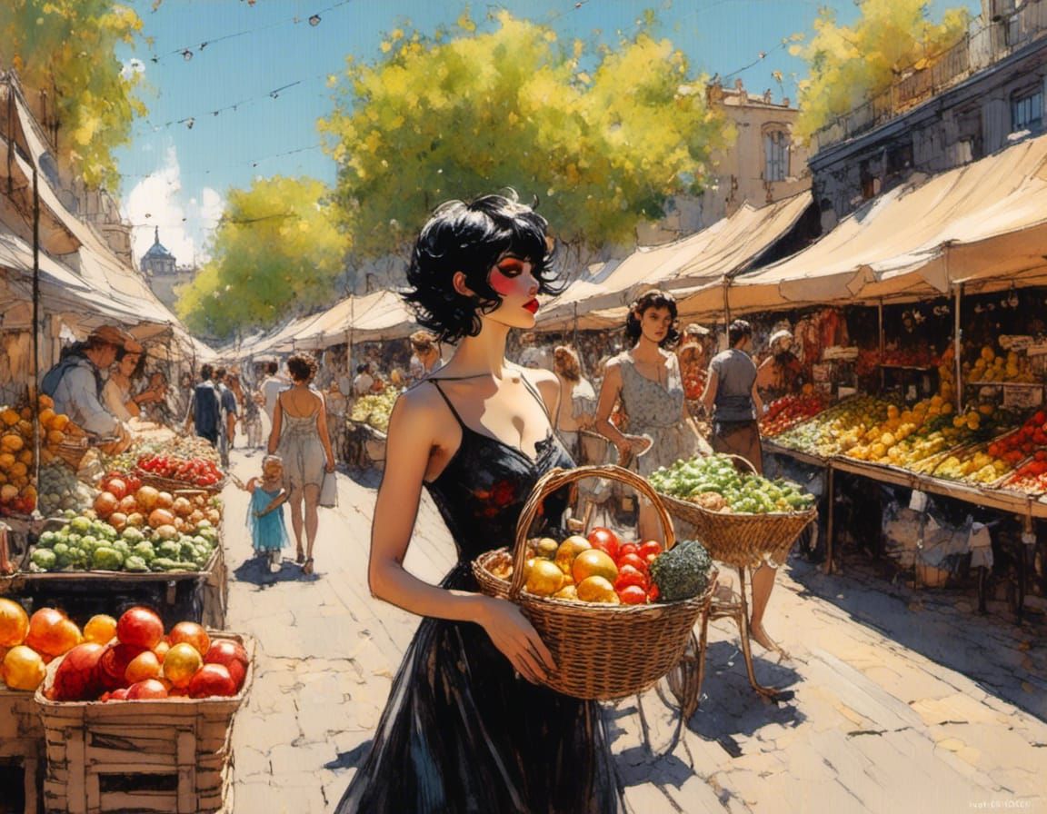 Vibrant Market Scene in Comic Book Style