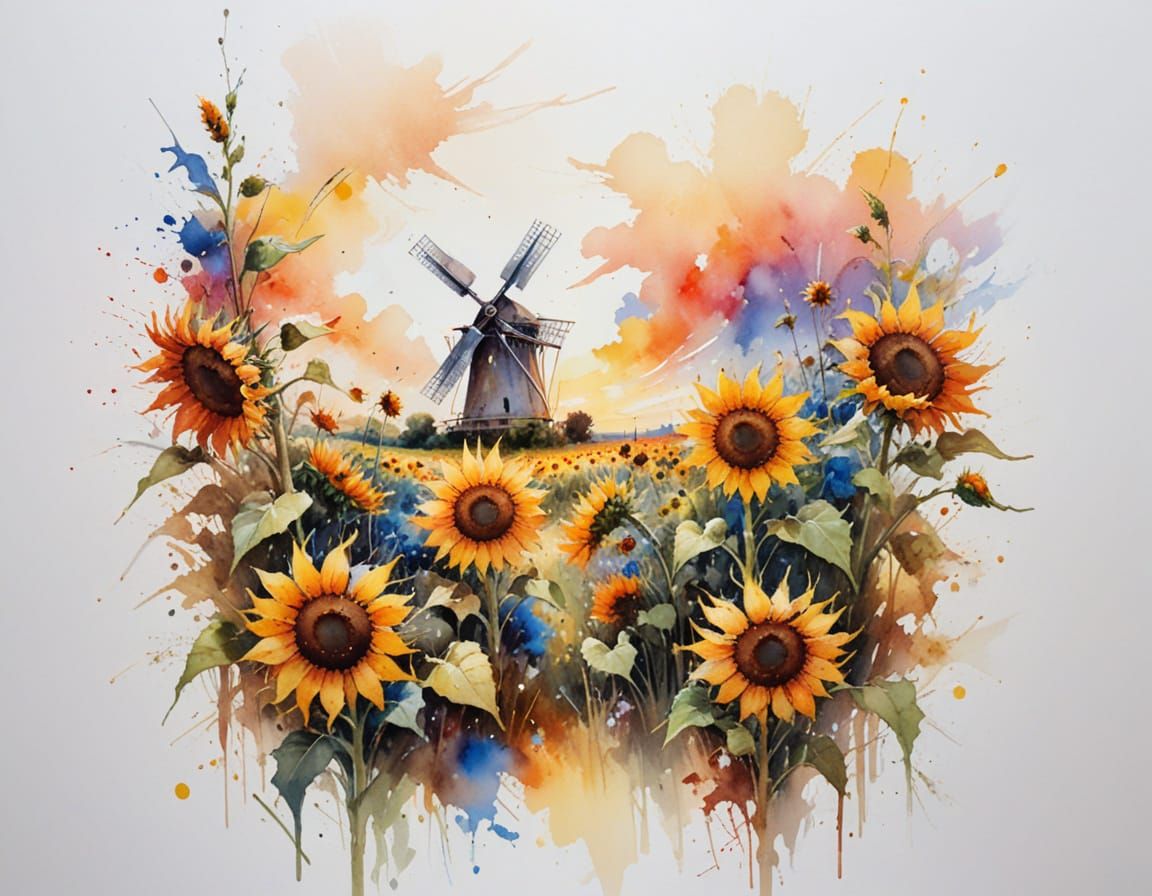 Sunflowers Swaying Under Vivid Summer Sky with Distant Windm...