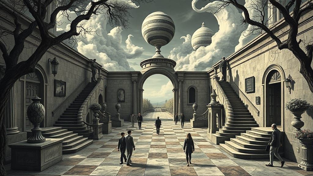 Surreal Fantasy Scene in MC Escher Style