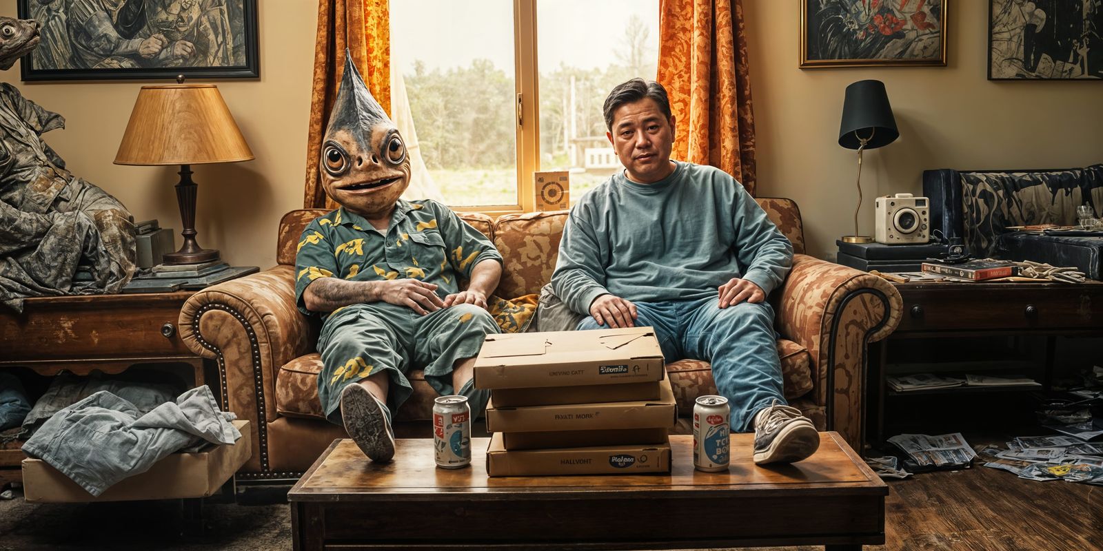 Fish-Headed Man and Friend Relax in Sunlit Living Room