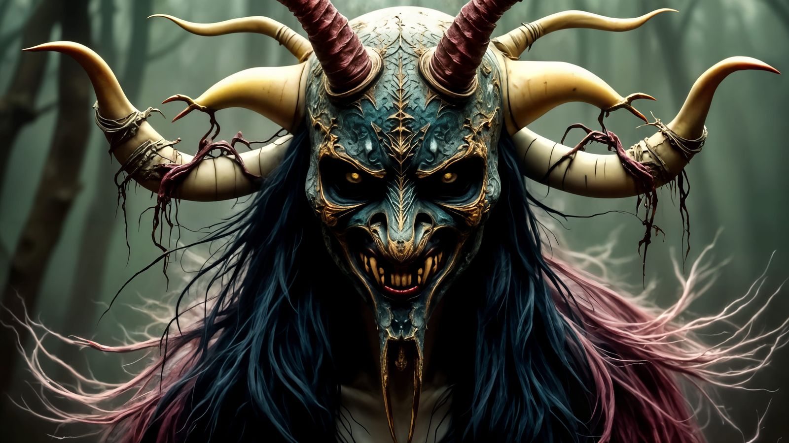 Ornate Mask with Menacing Appearance in Dark Scene