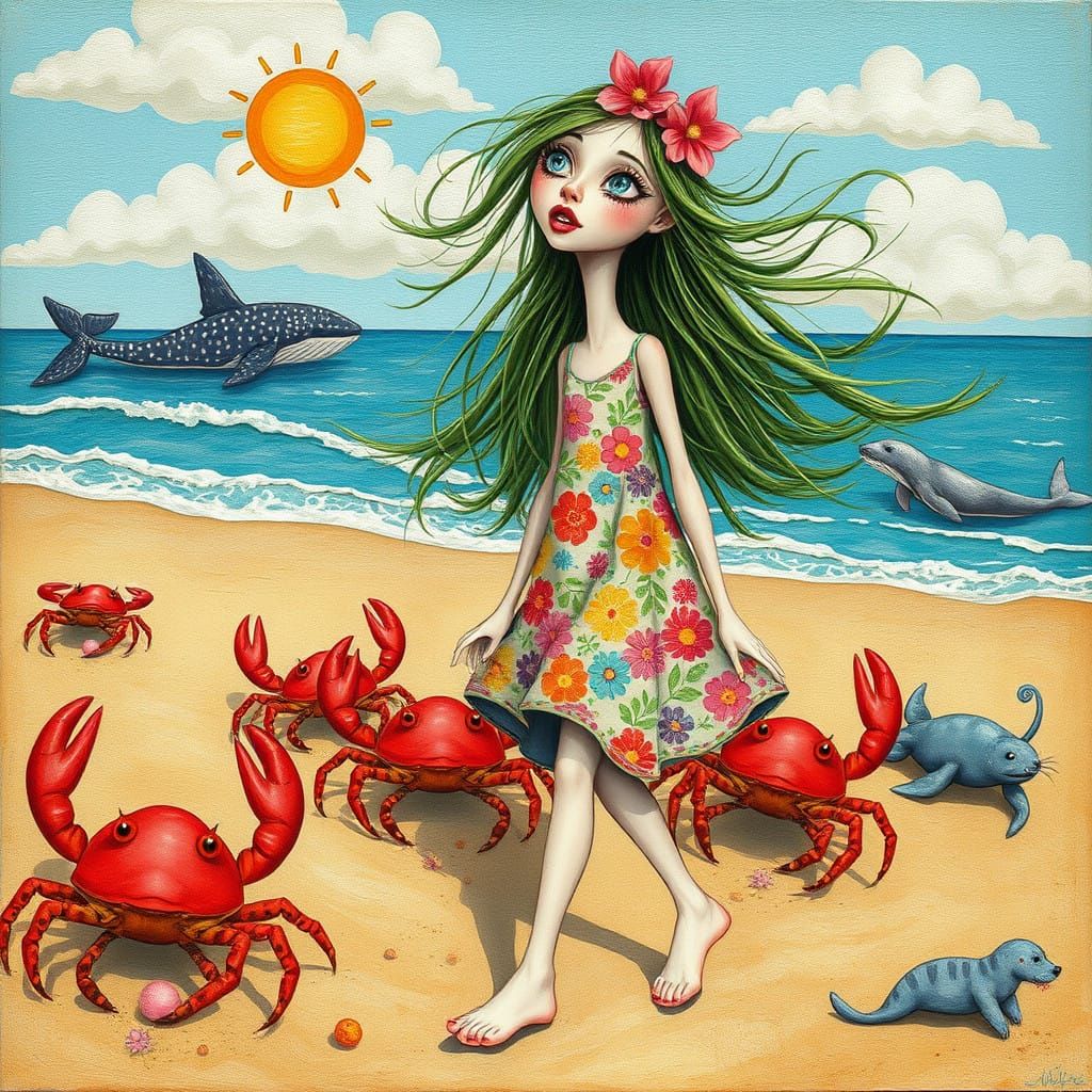 Whimsical Girl and Quirky Animals on a Sunny Beach