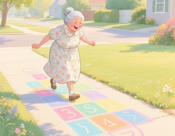 Grandmother's Joyful Hopscotch Game in Children's Book Style