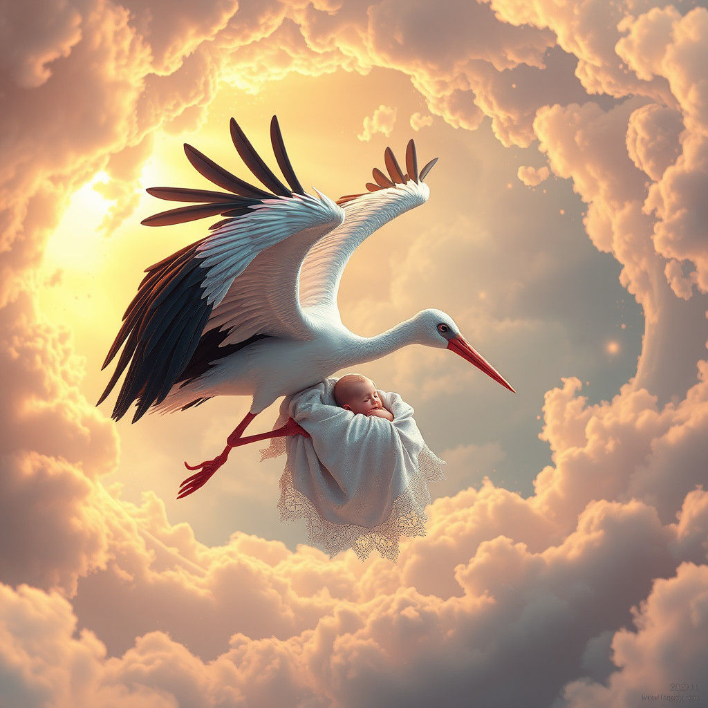Stork Delivers Baby in Dreamlike Fantasy Landscape
