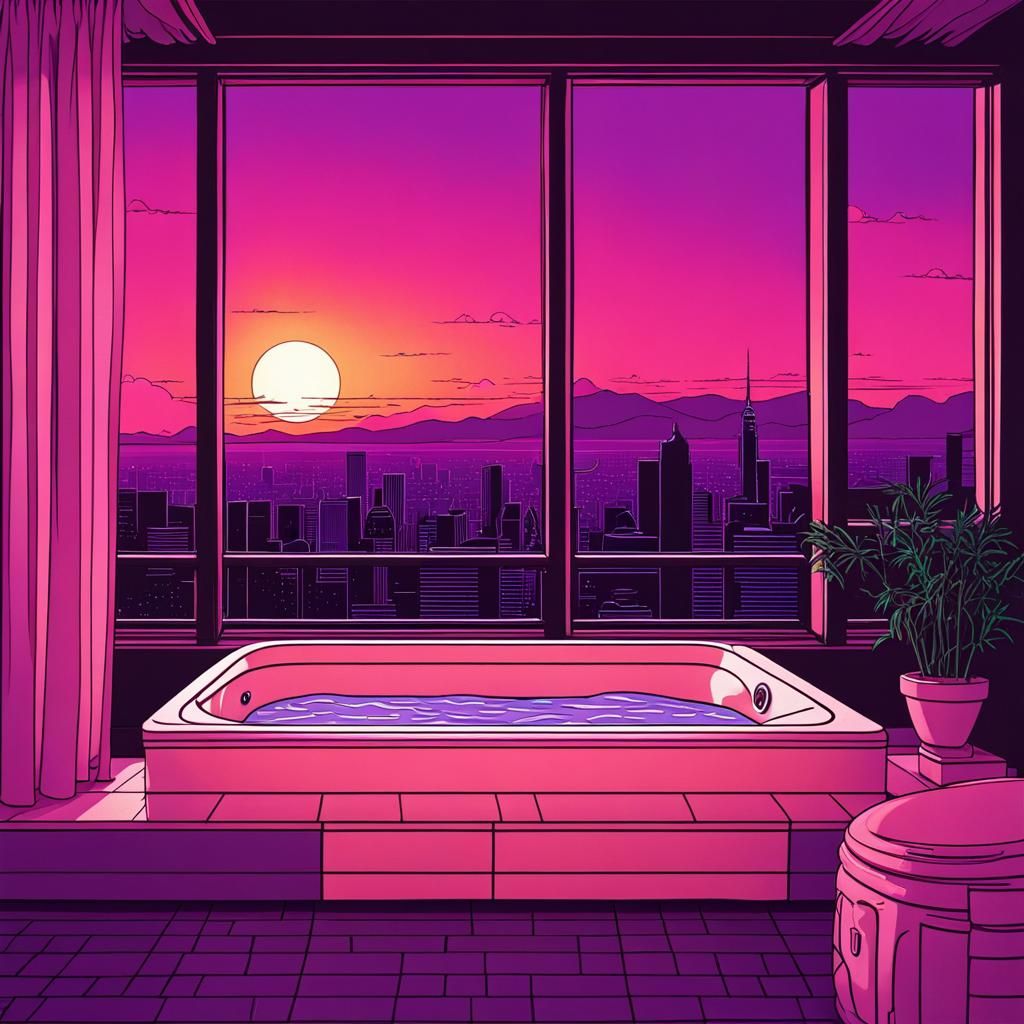 Lavender Jacuzzi Bathtub with City Sunset View