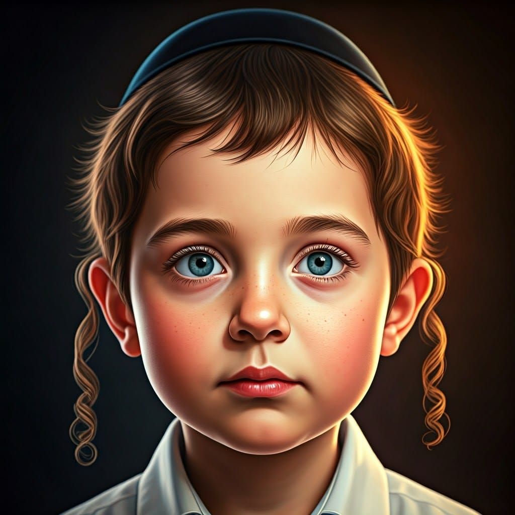 Vibrant Hasidic Child Portrait in Cyberpunk Aesthetic