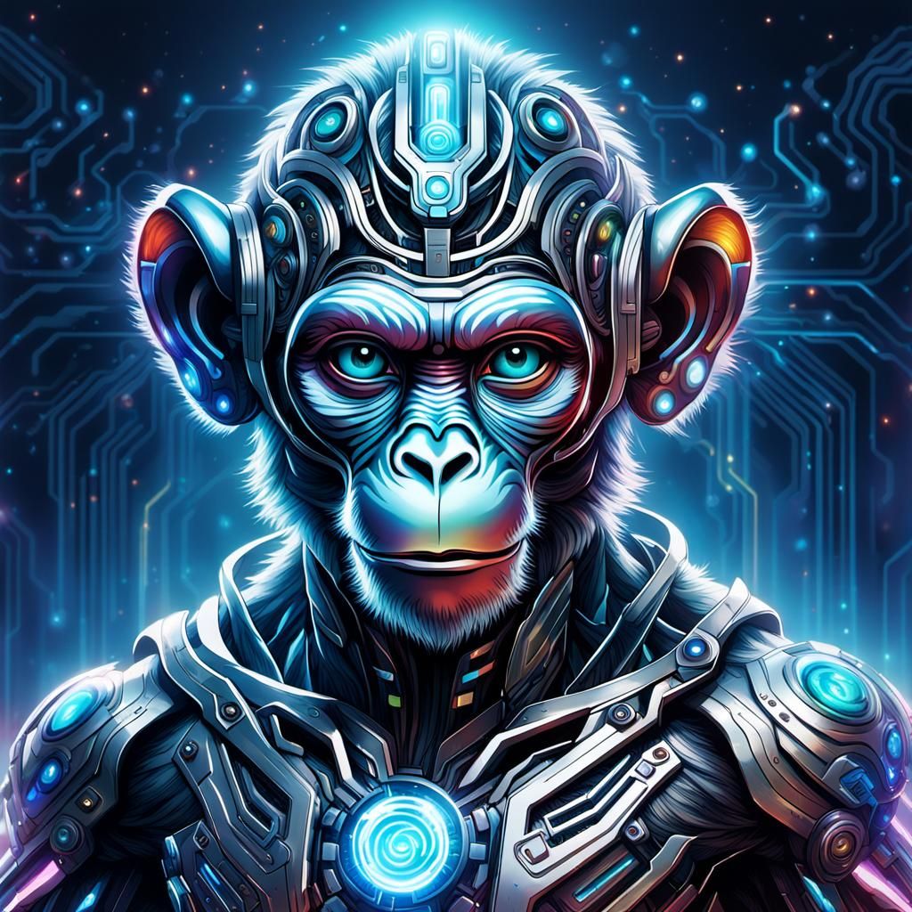 Cyborg Monkey Warrior in Electric Aura, Cybernetic Concept A...