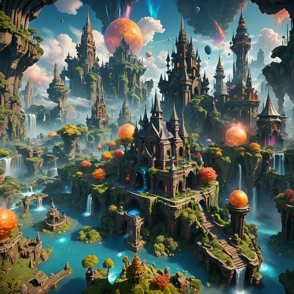 Fantasy City with Floating Islands in 3D Style