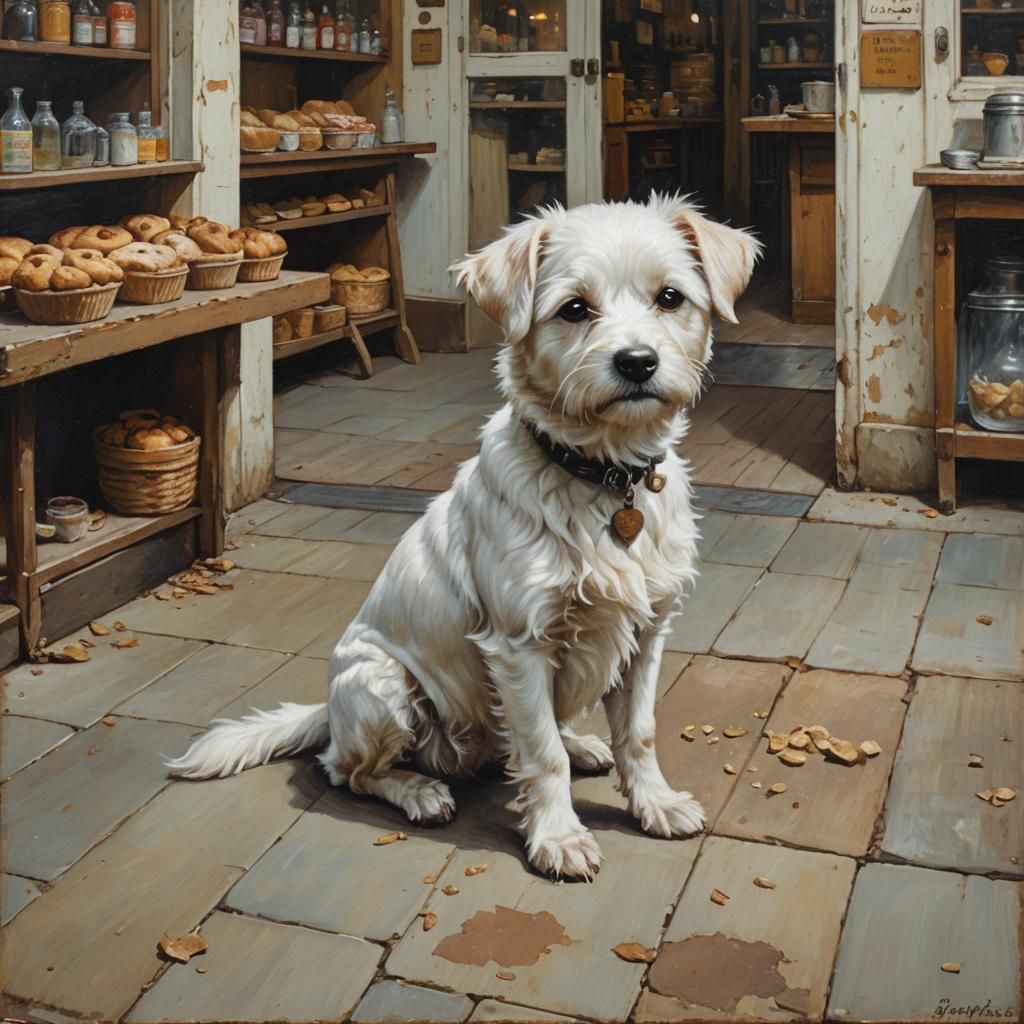 Cute White Dog in Vintage Bakery, Realistically Rendered
