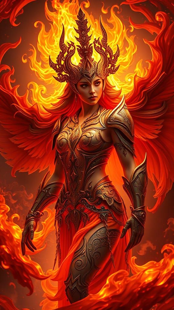 Ethereal Fire Goddess in Ornate, Hyper-Realistic Armor
