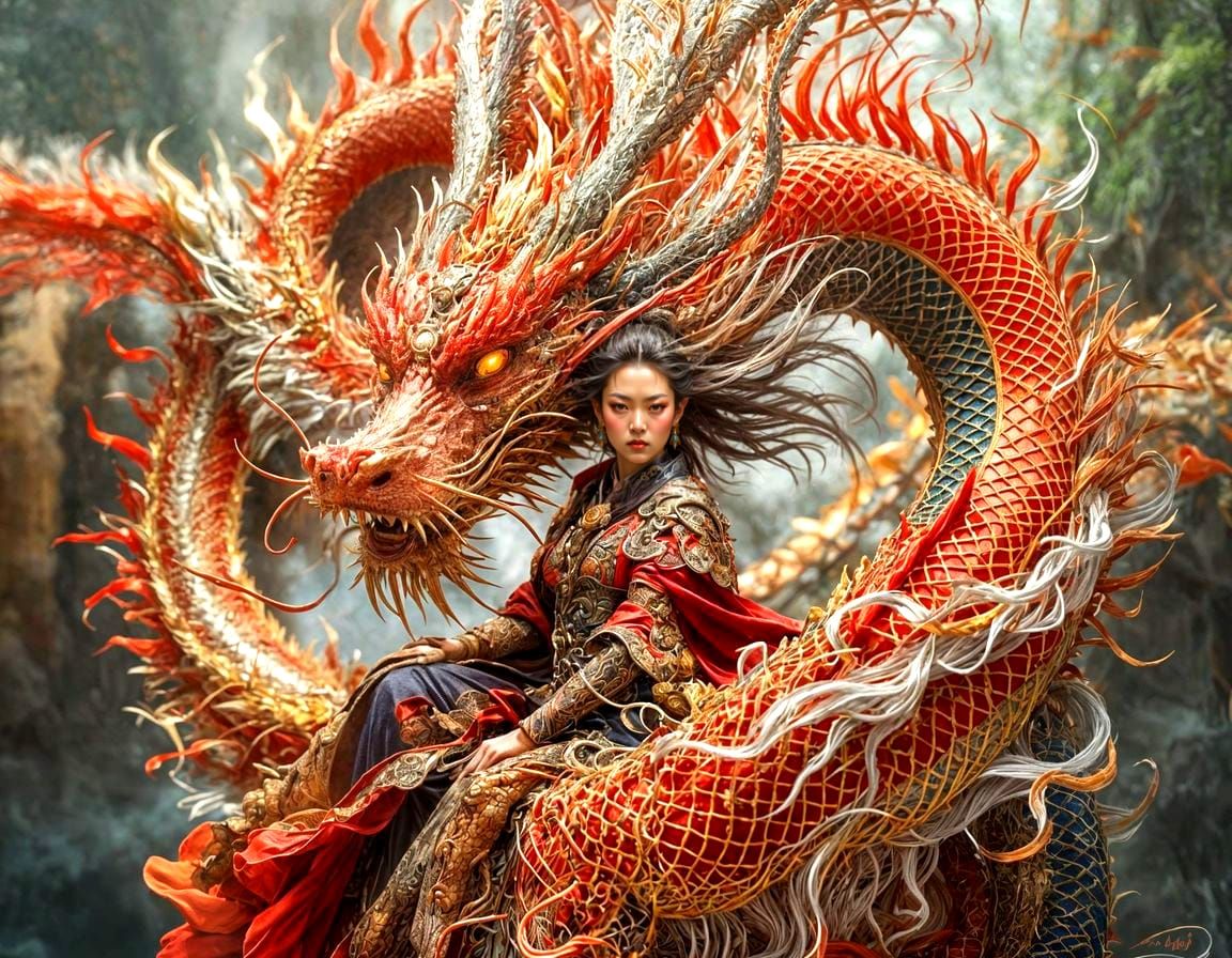Fractal Chinese Dragon Meets Warrior Woman in Vibrant Colors