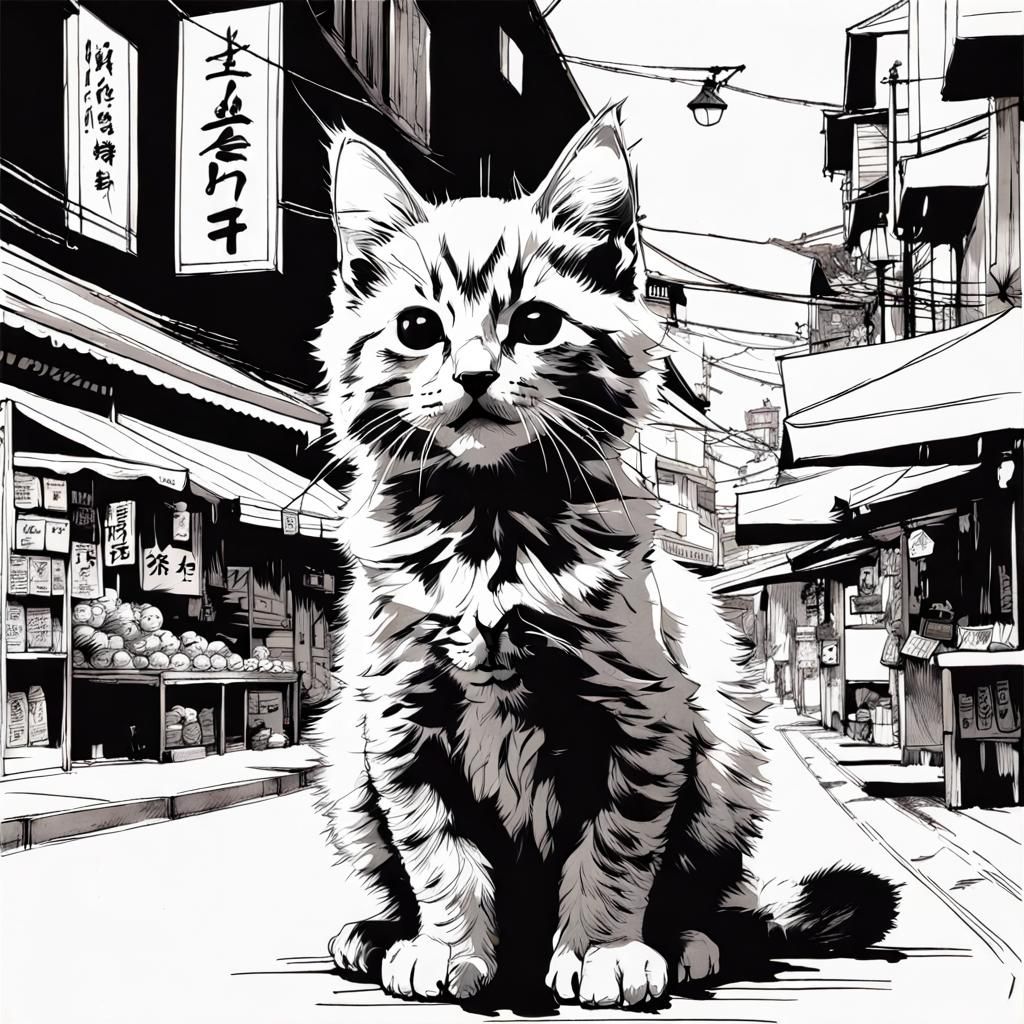Happy Kitten in Town: Ink Line Art