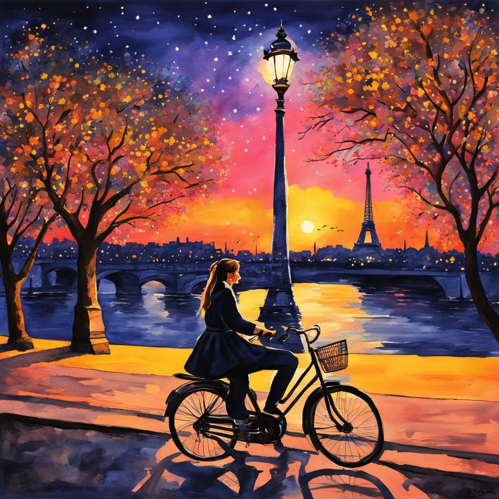 Romantic Parisian Bike Ride under a Starry Night