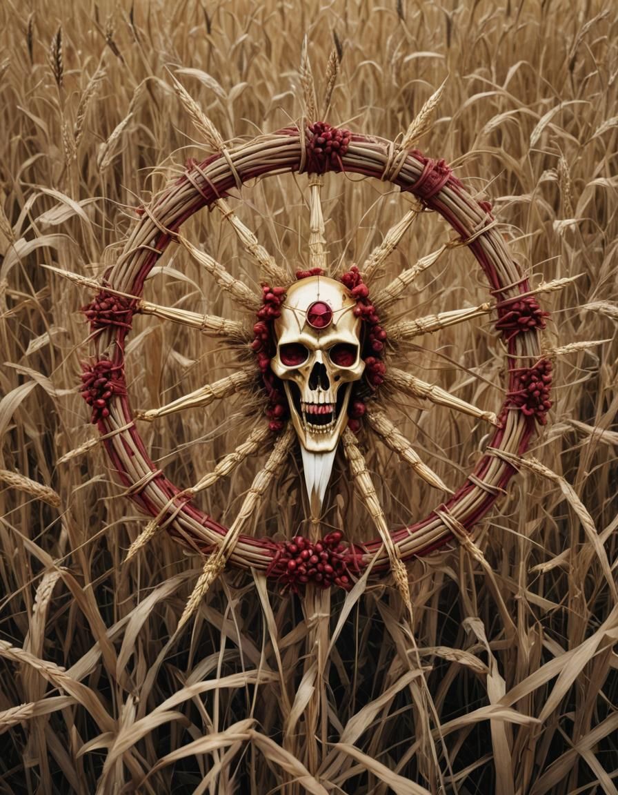 Wicker Bone Effigy with Pagan Wreath in Autumn Field