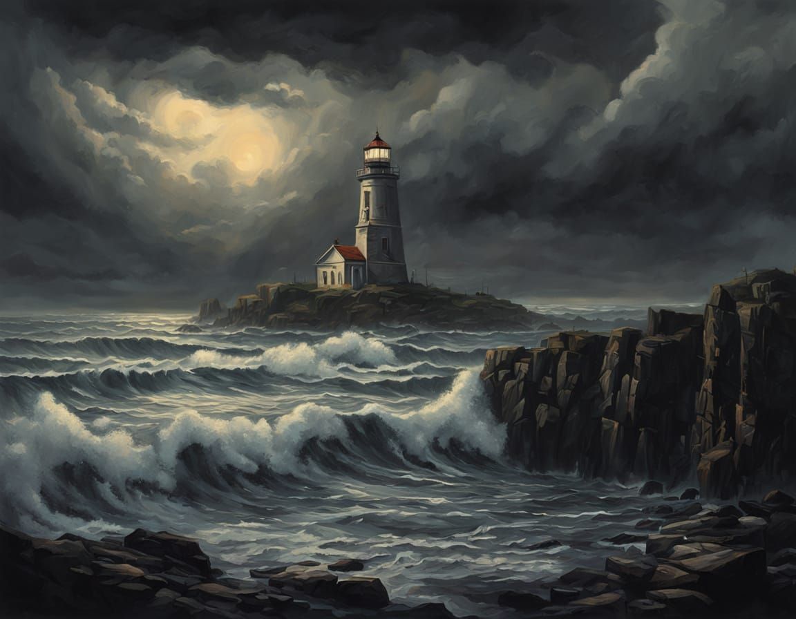 Lone Lighthouse in Stormy Chiaroscuro Style