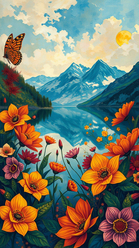 Abstract Mountain Lake with Geometric Flowers