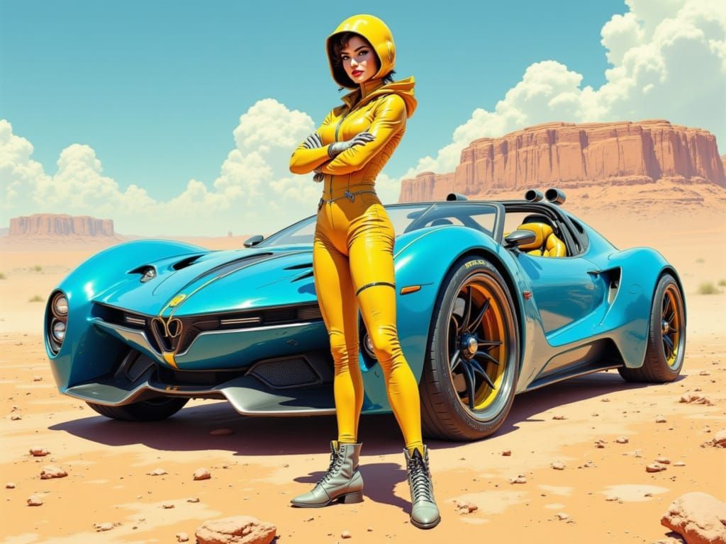 Confident Female Pilot in Futuristic Vehicle Amid Desert Lan...