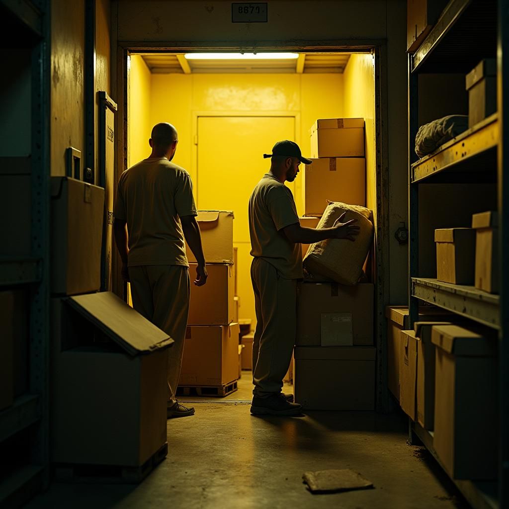 Dimly Lit Storage Unit Unloading in Cinematic Style