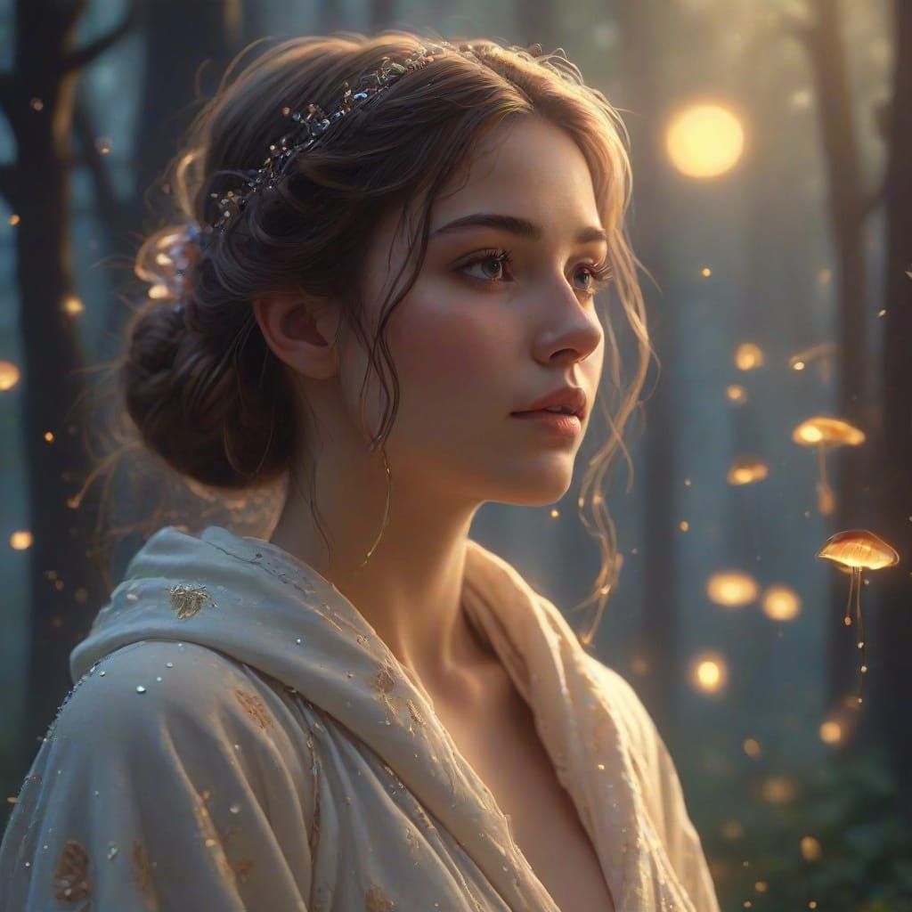 Ethereal Woman in Misty Forest with Glowing Light