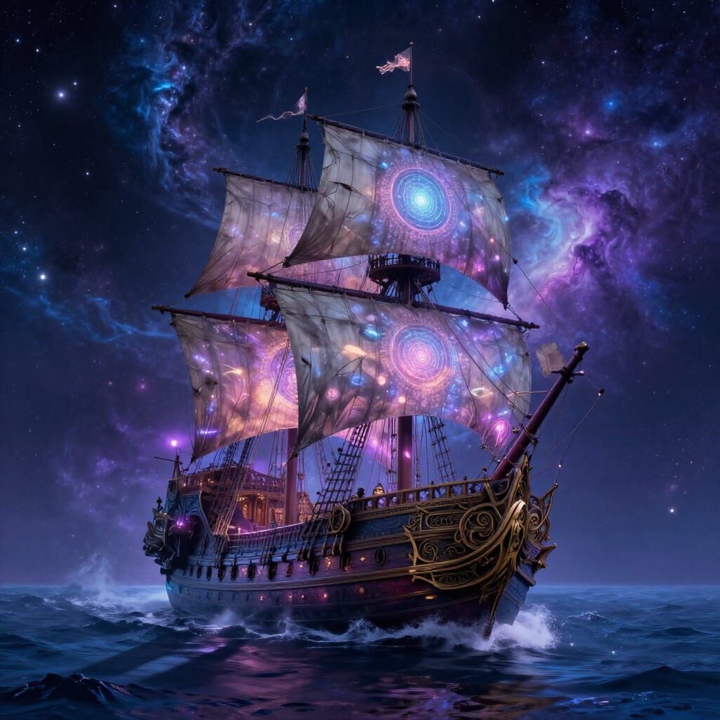Ancient Magic Ship Navigating Cosmic Nebula