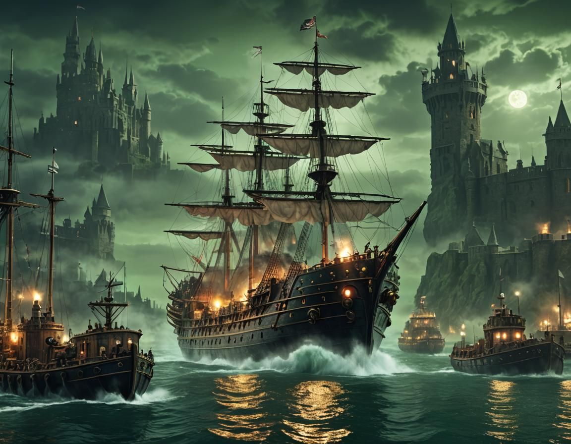 Steampunk Viking Battleship with Castle Backdrop