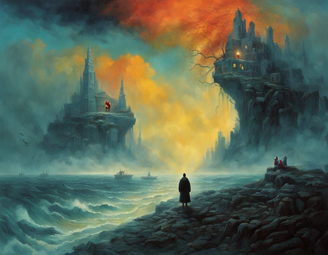 Surreal Christmas Figure in Tropical Landscape with Sea-Wolf