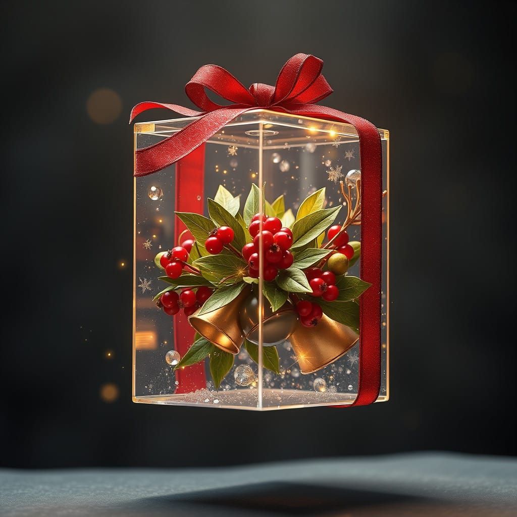 Enchanted Holiday Scene in a Glass Box, Rendered in High-Fan...