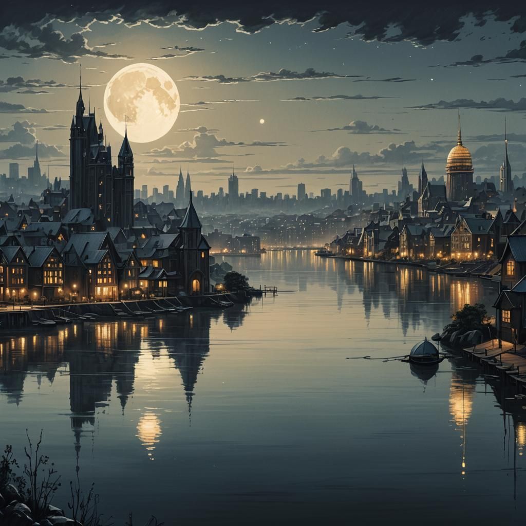 Mystical Cityscape with Golden Accents in Gothic Style