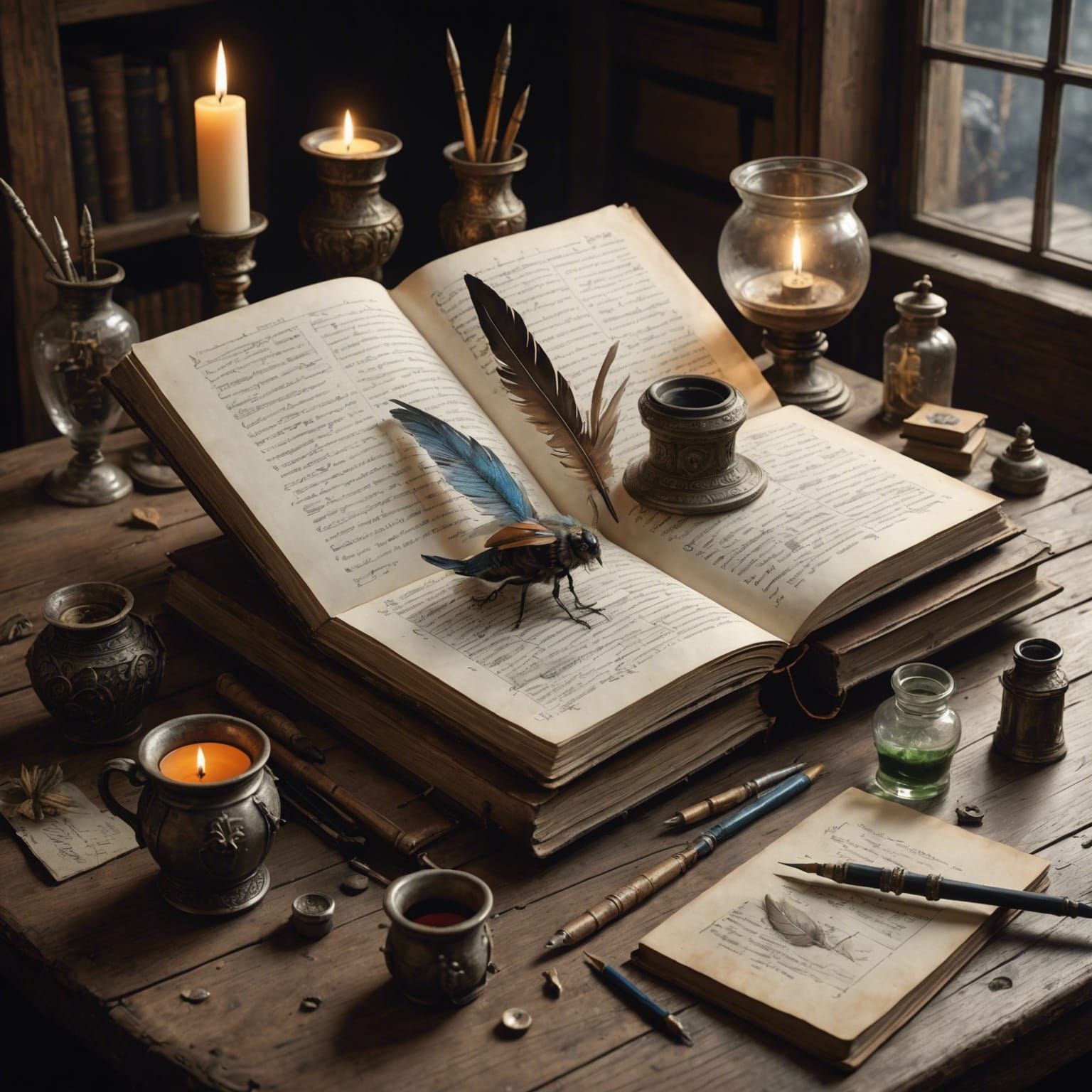 Old Book with Quill and Ink: Monge-Inspired Artwork