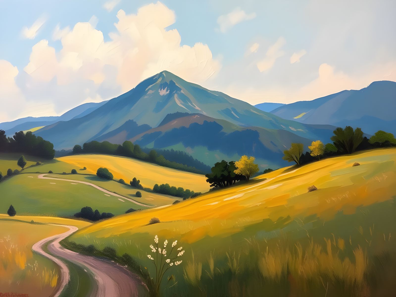 Landscape in Traditional Oil Painting Style with Visible Bru...