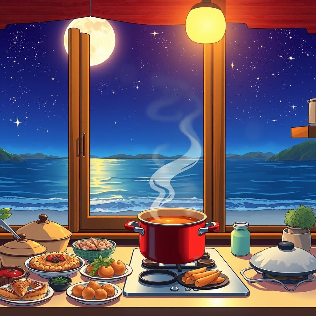 Cozy Kitchen Under Celestial Night Sky in Anime Style