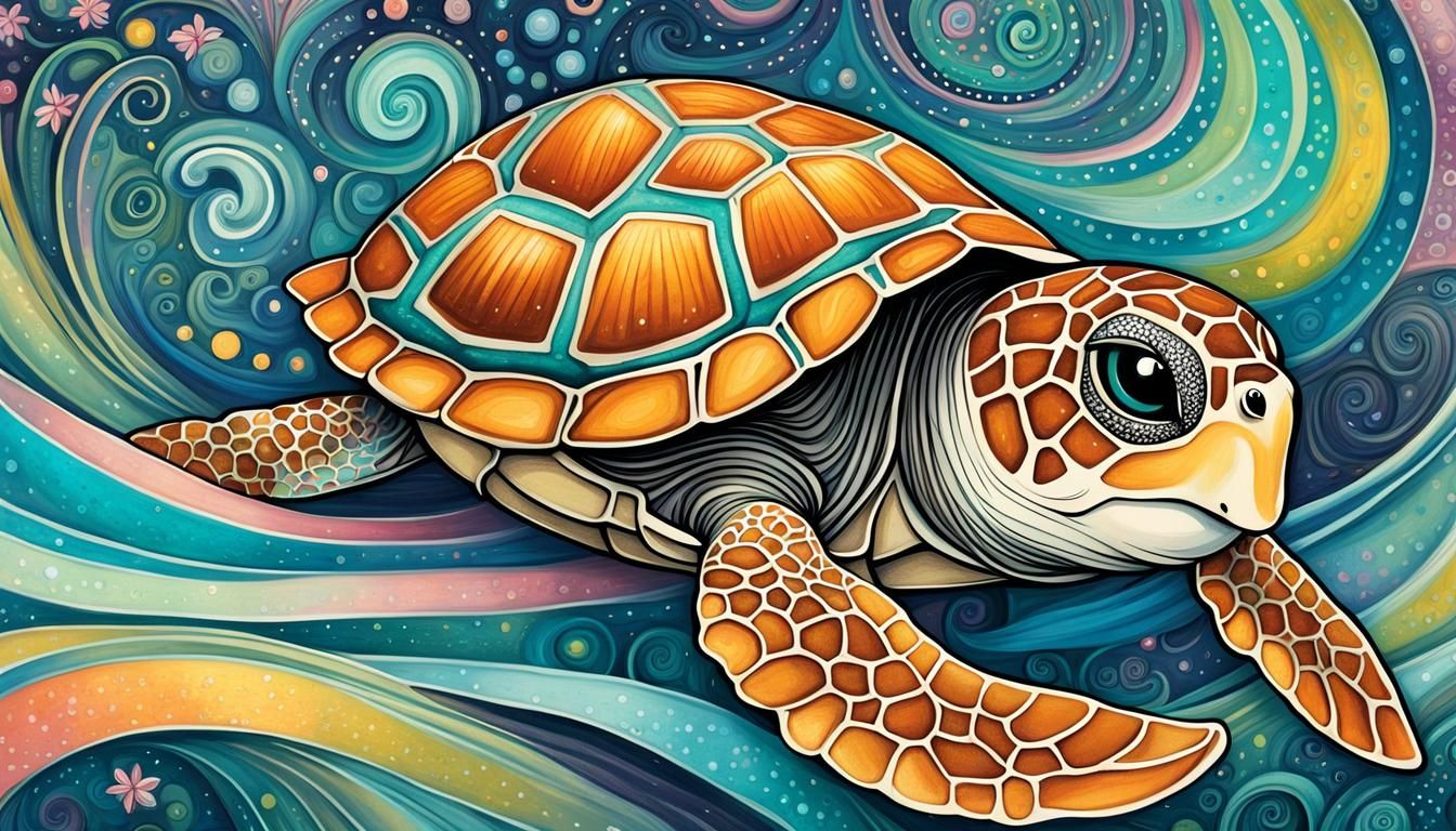 Cute Glitter Sea Turtle in Candyland Gouache