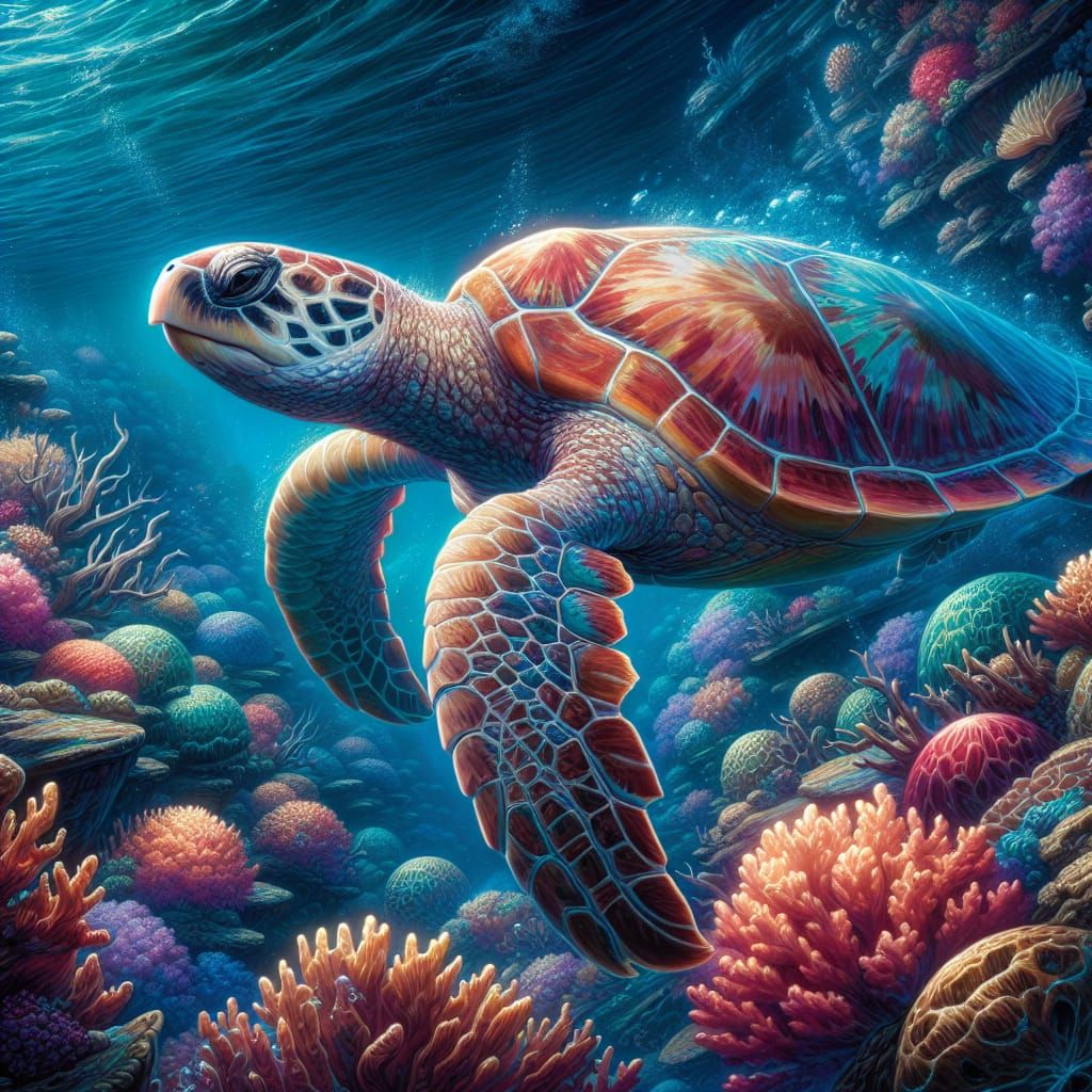 Loggerhead Turtle Navigating Coral Reef in Cel-Shading Style
