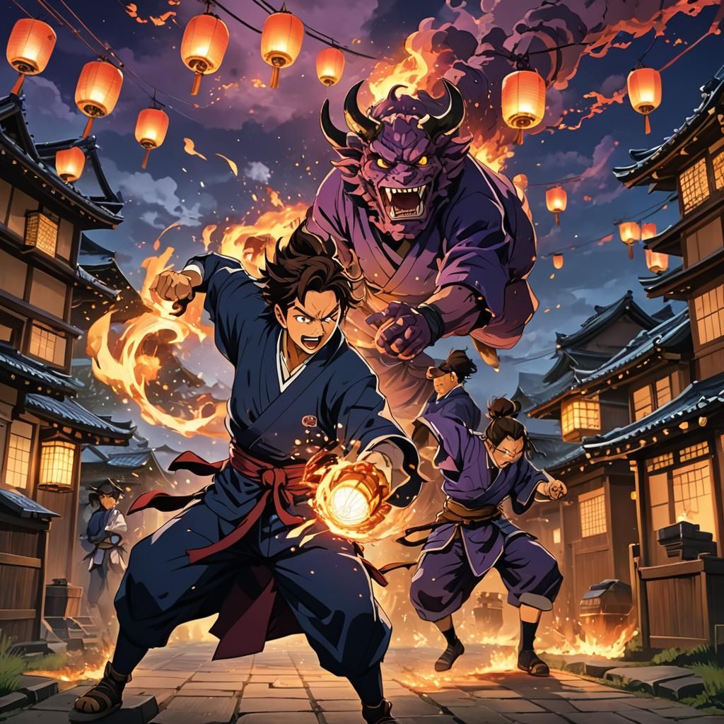 Tanjiro Kamado Battles Demon in Feudal Japan Anime Art