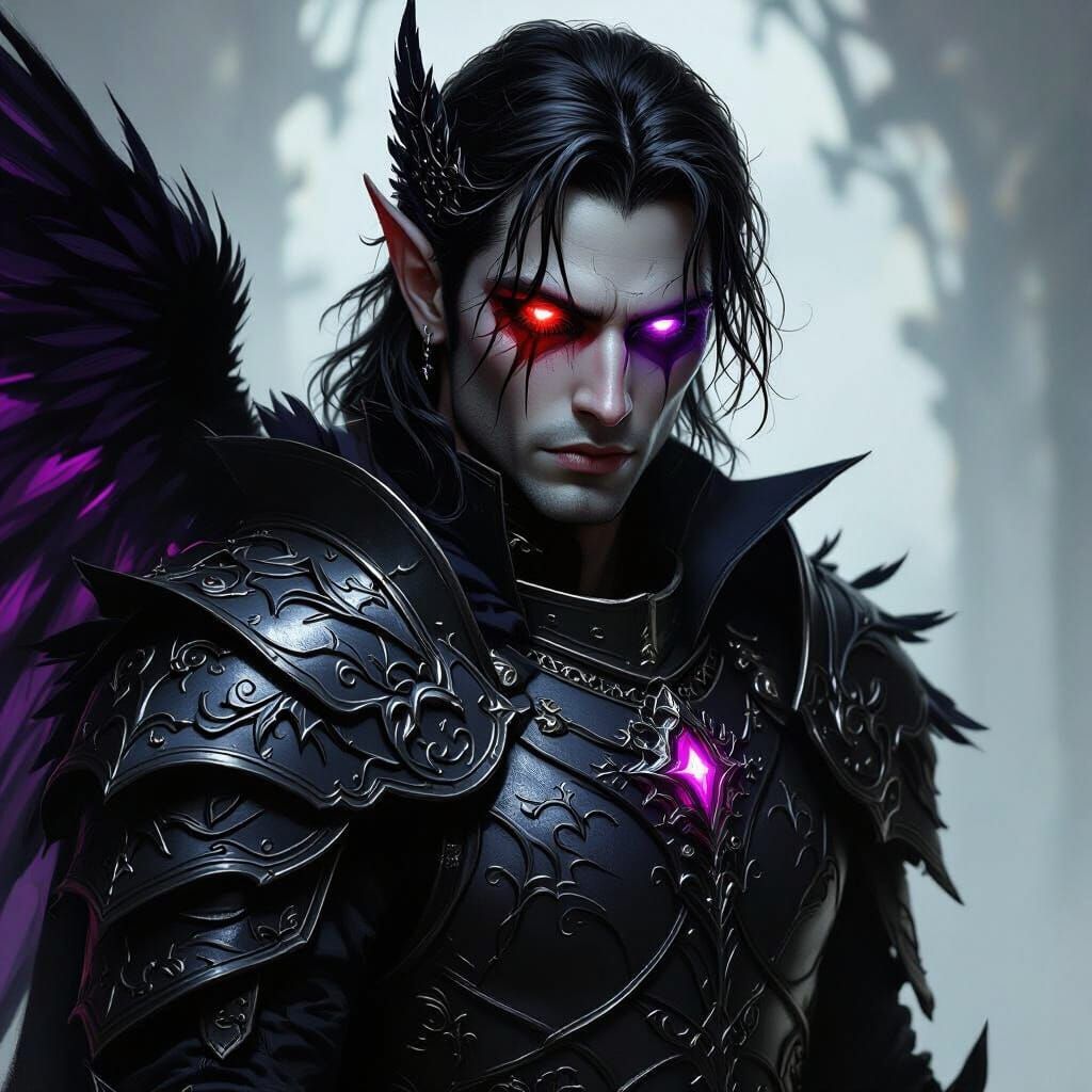 Dhampir Warrior with Red and Purple Eyes in Gothic Armor