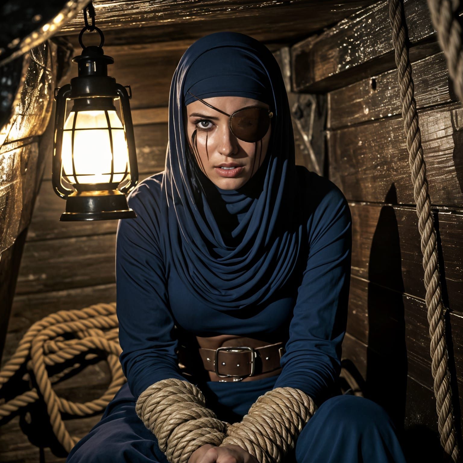 Hijabi Pirate Captive in Moody Ship Below Deck
