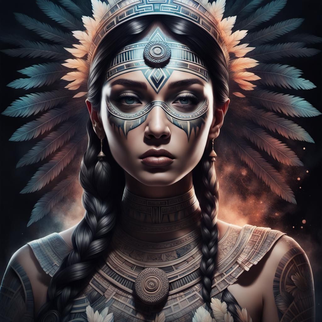 Aztec Queen Double Exposure Portrait in Dark Fantasy Style