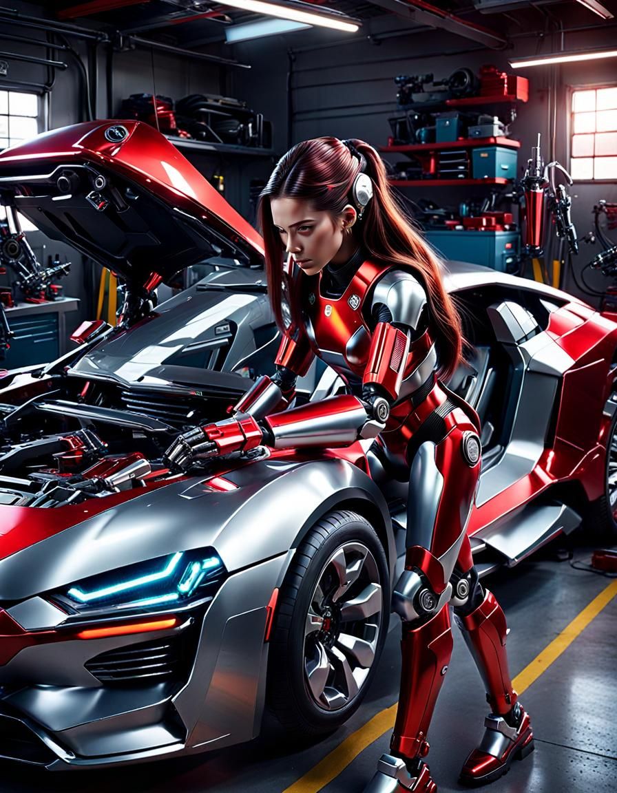 Metallic Android in Hyperrealistic Sci-Fi Garage Scene