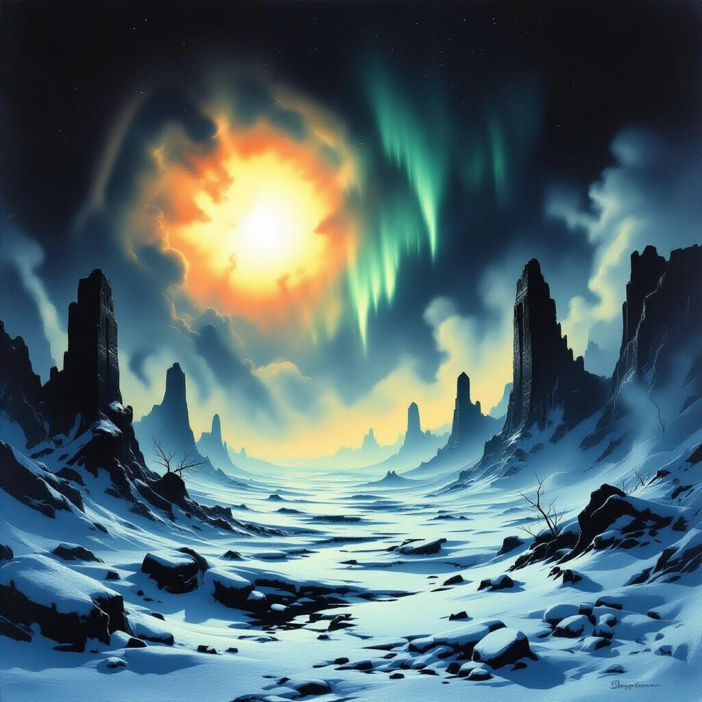Apocalyptic Aurora Over Frozen Ruins