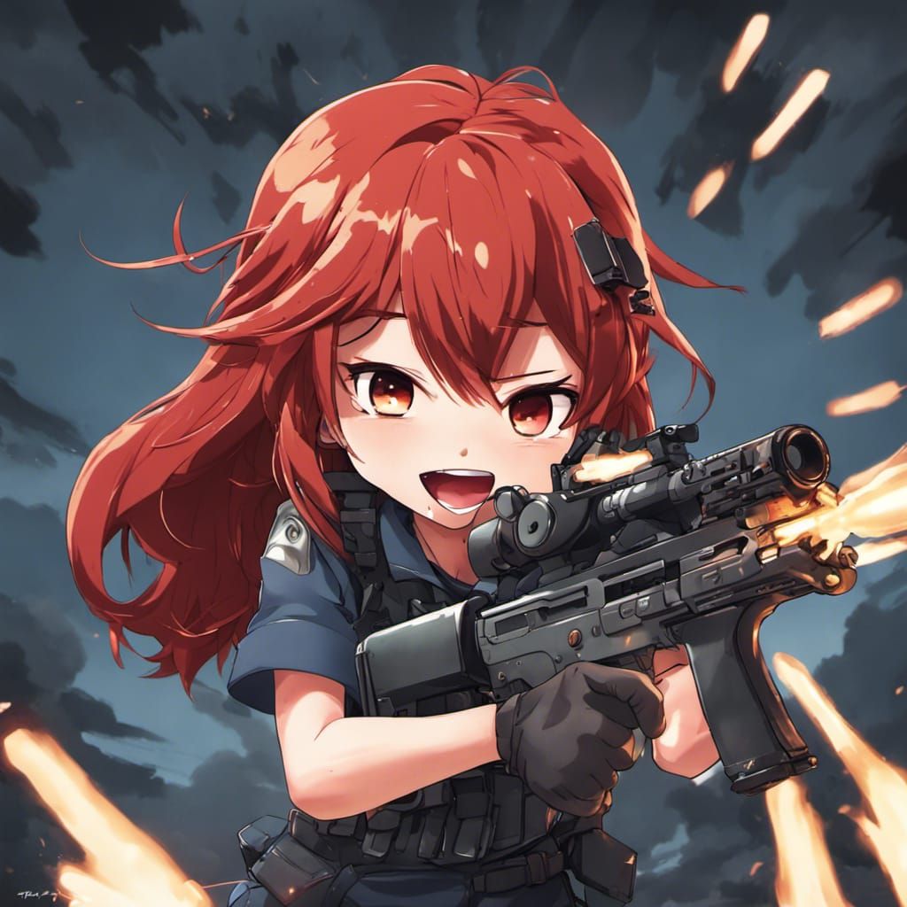 Excited Redhead Chibi with Machine Gun, Anime Style
